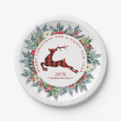 クリスマスリースと赤い格子模様のクリスマスシカ ペーパープレート (正面)