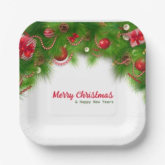 クリスマスリースと赤い球根、プレゼント ペーパープレート (正面)