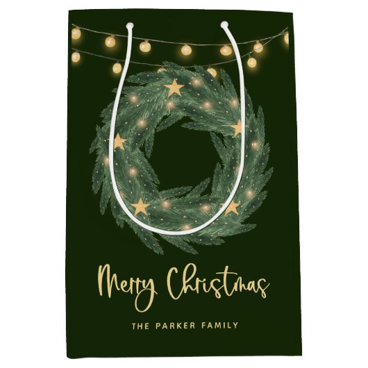 クリスマスリースと金ゴールドストリングライトの緑 ミディアムペーパーバッグ (正面)