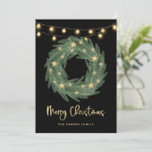 クリスマスリースと金ゴールドストリングライトオンブラック シーズンカード (スタンド正面)