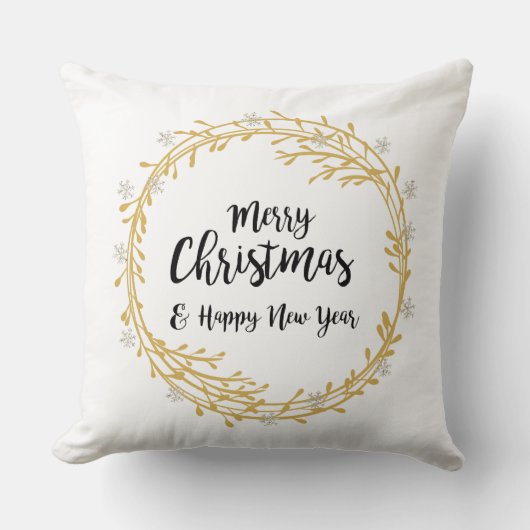 クリスマスリースと銀のグリッター雪 クッション (正面)