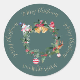 クリスマスリースと鐘とホリー ラウンドシール