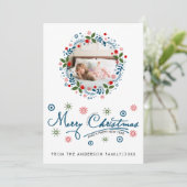 クリスマスリースと青いスクリプトタイポグラフィの写真 シーズンカード (スタンド正面)