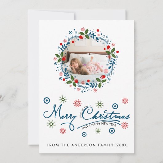 クリスマスリースと青いスクリプトタイポグラフィーの写真 シーズンカード (正面)