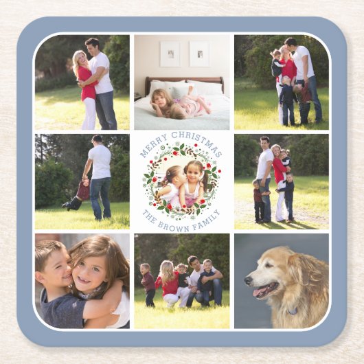 クリスマスリースと9枚の写真ほこりっぽい青 スクエアペーパーコースター (正面)