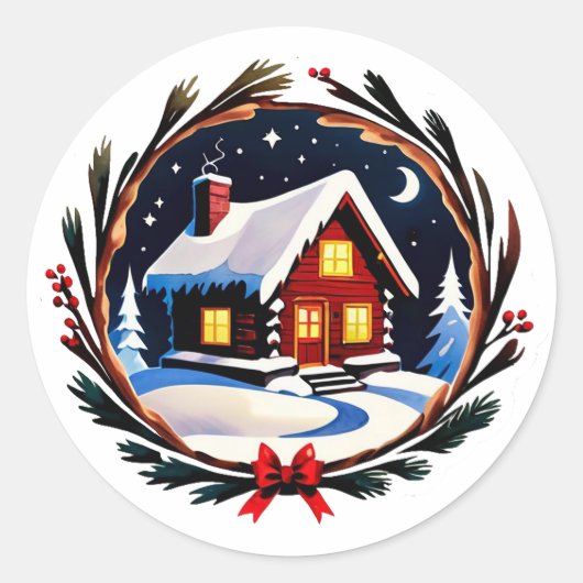 クリスマスリースに包まれた冬のキャビン ラウンドシール (正面)