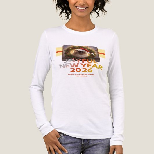 クリスマスリースのふわふわネコ – サンタ帽子 トライブレンドTシャツ (正面)