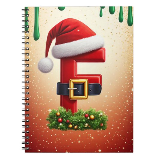 クリスマスリースのアクセントが付いたサンタの文字F 🎅 ノートブック (正面)