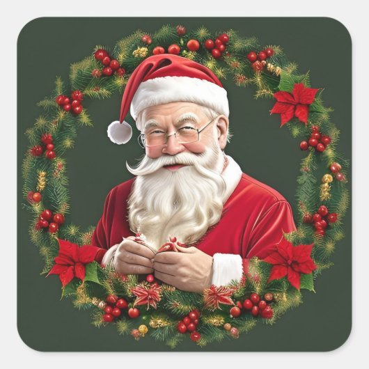 クリスマスリースのサンタクロース スクエアシール (正面)