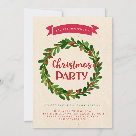 クリスマスリースのホリデーパーティー招待状 招待状 (正面)