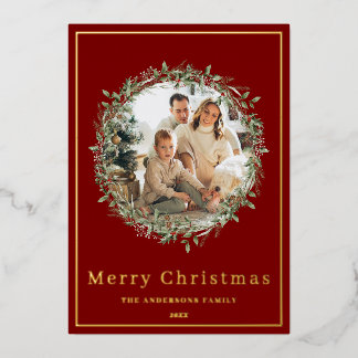 クリスマスリースの写真入り赤とゴールドのホリデーカード 箔シーズンカード