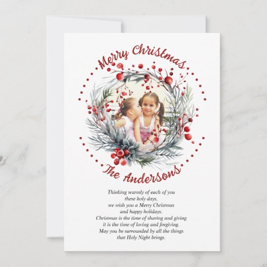 クリスマスリースの枝と赤い果実の写真 シーズンカード (正面)