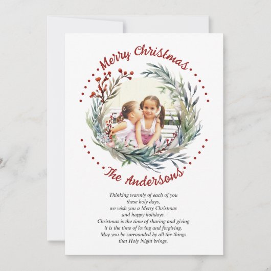 クリスマスリースの枝に緑の果実の写真 シーズンカード (正面)