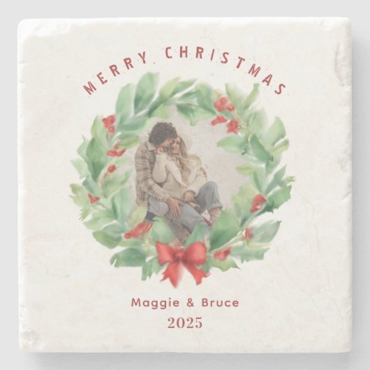 クリスマスリースの水の色のカスタム写真 ストーンコースター (正面)