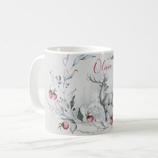 クリスマスリースの水彩ウッドランドディアー コーヒーマグカップ (正面左)