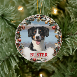 クリスマスリースの犬の写真ツリーオーナメント セラミックオーナメント
