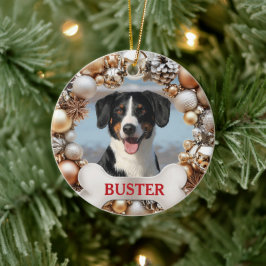 クリスマスリースの犬の写真ツリーオーナメント セラミックオーナメント