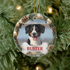 クリスマスリースの犬の写真ツリーオーナメント セラミックオーナメント
