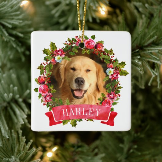 クリスマスリースの犬の写真 セラミックオーナメント (ツリー)