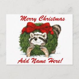 クリスマスリースの装飾とアライグマ シーズンポストカード