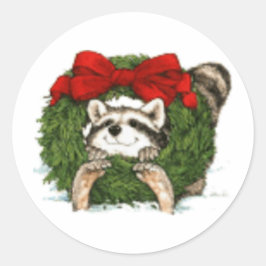 クリスマスリースの装飾とアライグマ ラウンドシール