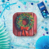 クリスマスリースの赤いドアの水彩画 ペーパープレート (パーティー)