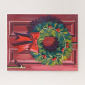 クリスマスリースの赤いドア 水彩画 ジグソーパズル (横)
