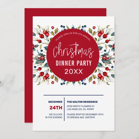 クリスマスリースの赤い果実と緑の葉 シーズンカード (正面/裏面)