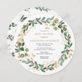 クリスマスリースの赤い緑のベビーシャワー 招待状 (正面/裏面)