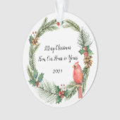 クリスマスリースの赤い（鳥）ショウジョウコウカンチョウ – 水彩色O オーナメント (正面)