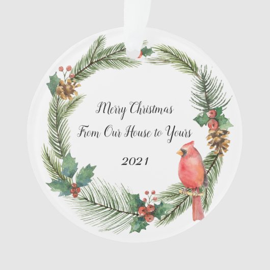 クリスマスリースの赤い（鳥）ショウジョウコウカンチョウ – 水彩色O オーナメント (正面)