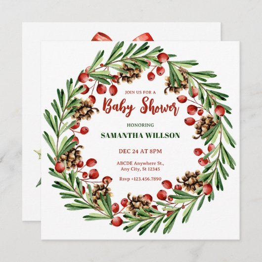 クリスマスリースの赤ちゃんシャワー 招待状 (正面/裏面)