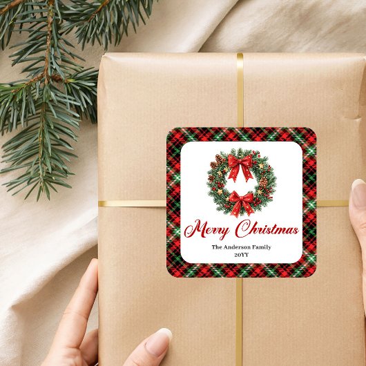 クリスマスリースの赤と緑のチェック柄ラベル スクエアシール