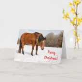 クリスマスリースの飾られた赤茶色の馬 カード (黄色い花)