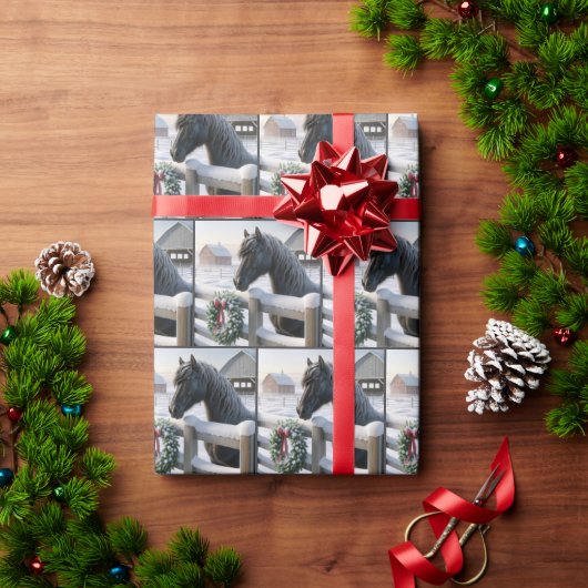 クリスマスリースの黒馬 ラッピングペーパー (クリスマスギフト)