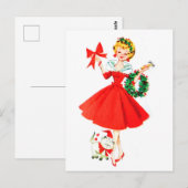 クリスマスリースを持った女の子と小さな猫 ポストカード (正面/裏面)