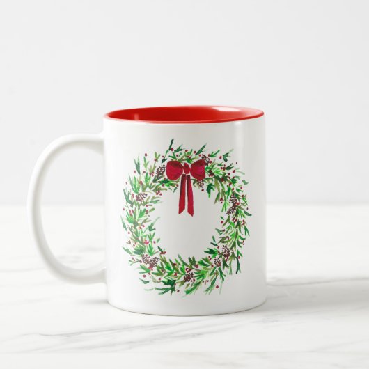 クリスマスリースウォーターカラーレッドベリー&パイン ツートーンマグカップ (左)