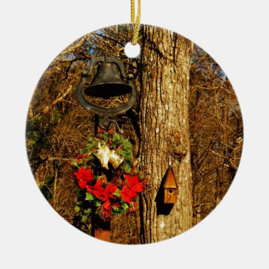 クリスマスリースオールドベルズアンドバードハウス セラミックオーナメント (正面)