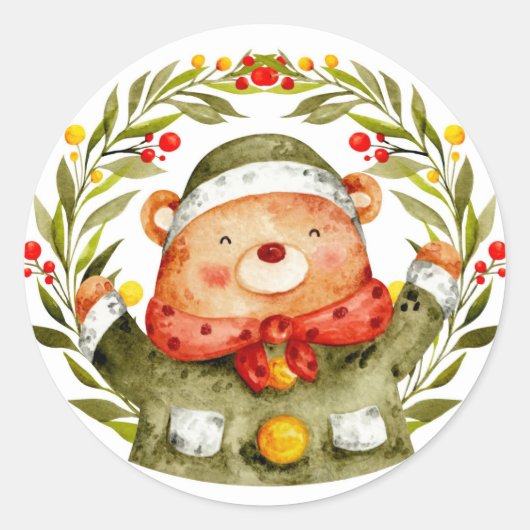 クリスマスリースクマのステッカー ラウンドシール (正面)