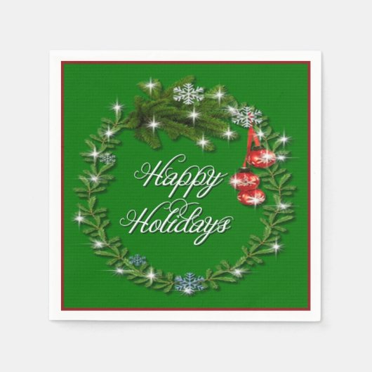 クリスマスリースグリーンハッピーホリデイズナプキンズ スタンダードカクテルナプキン (正面)