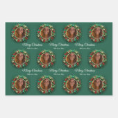 クリスマスリースグリーンファミリーフォトパーソナライズされた ラッピングペーパーシート (正面3)