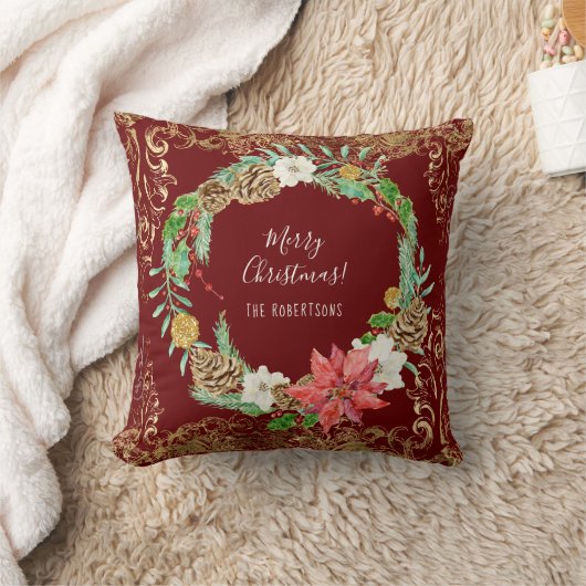 クリスマスリースパインコーンフローラ金ゴールド渦巻き名 クッション (ブランケット)