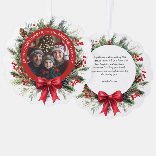 クリスマスリースパイン離れズホリーベリー写真 オーナメントカード (正面/裏面)