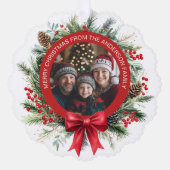 クリスマスリースパイン離れズホリーベリー写真 オーナメントカード (正面)