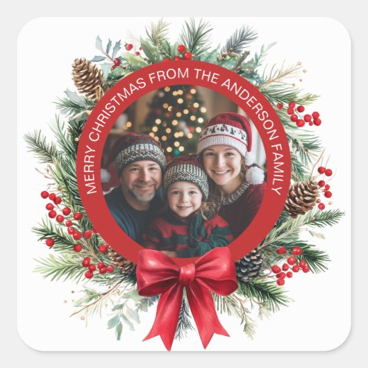 クリスマスリースパイン離れズホリーベリー写真 スクエアシール (正面)