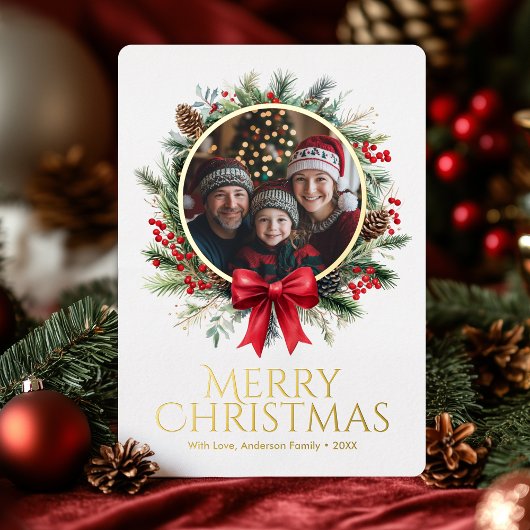 クリスマスリースパイン離れズホリーベリー写真 箔シーズンカード