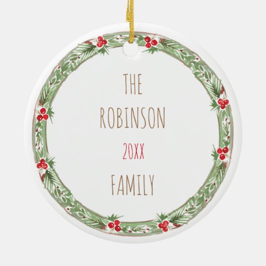 クリスマスリースファミリーペットフォトネームホリデー セラミックオーナメント (裏面)