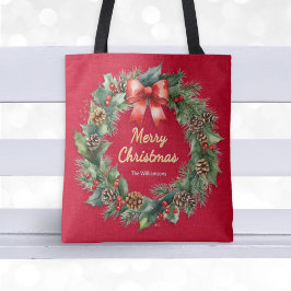 クリスマスリースフェスティバルレッド名前をカスタムする トートバッグ