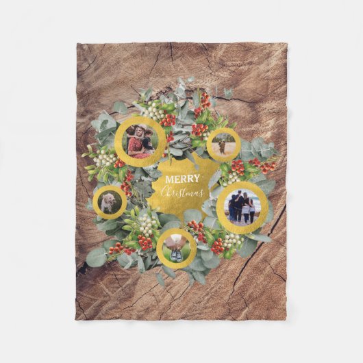 クリスマスリースフォトコラージホリデーフォト フリースブランケット (正面)
