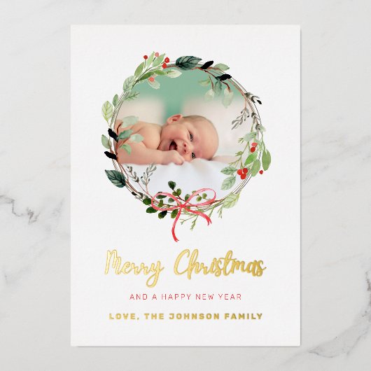 クリスマスリースフォトフレームフォイルホリデーカード 箔シーズンカード (正面)